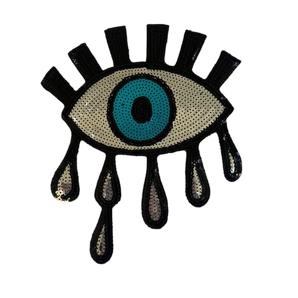 Lux Evil Eye Sequins White T-Shirt Oversized Front Tie Women's S/M L/XL - Picture 3 of 3